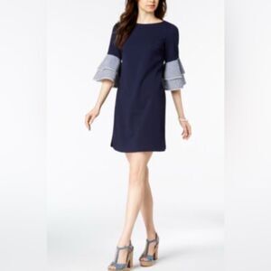 Jessica Howard Dress Navy Blue Shift Gingham Ruffle Fall Boho Work D8